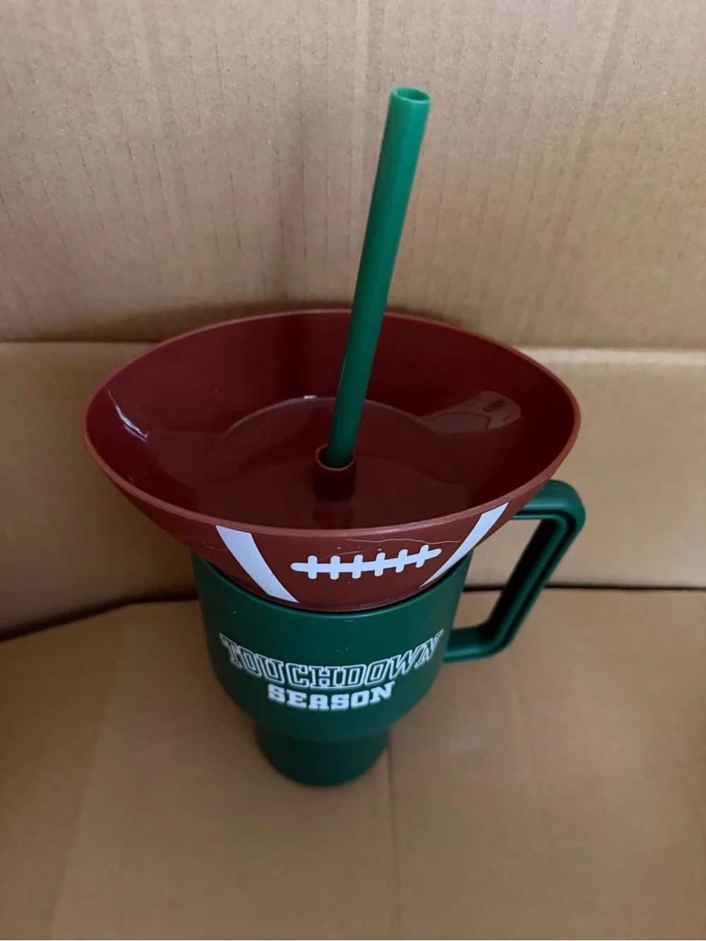 Touchdown Season Football Tumbler with Snack Bowl Lid & Straw Green Brown31.55oz